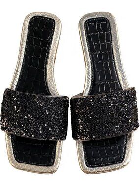 🆕Women's Black Rhinestone Rainbow Flat Sandals Sparkly Bling Slides Glitter